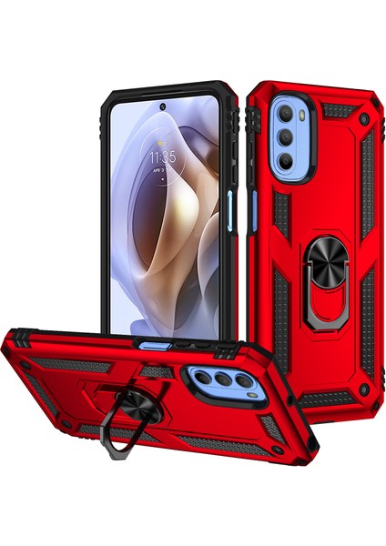 Motorola Moto G31 / G41 İçin Çift Katmanlı Kılıfı Kapaklı Yüzüklü Arkası Standlı - Kırmızı (Yurt Dışından)