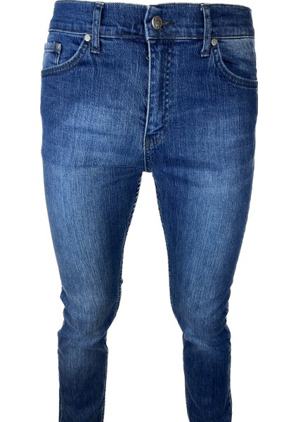 Erkek Dar Kesim Boru Paça Denim Likralı Mavi Kot Pantolon