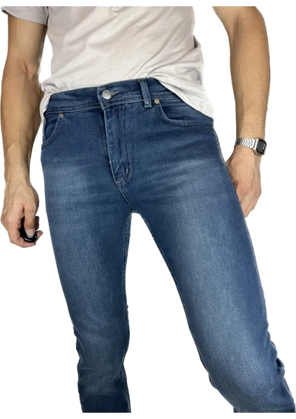 APT PRESTIGE Erkek Dar Kesim  Boru Paça Denim Likralı Mavi Kot Pantolon