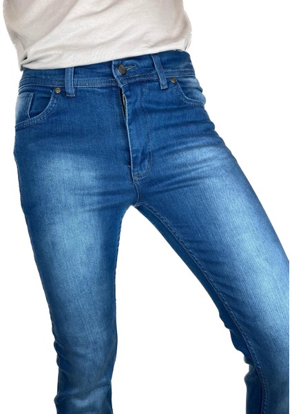 Erkek Dar Kesim Boru Paça Denim Likralı Mavi Kot Pantolon