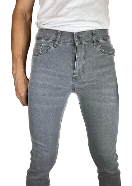 Erkek Dar Kesim Boru Paça Denim Likralı Gri Kot Pantolon