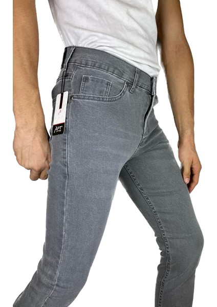 Erkek Dar Kesim Boru Paça Denim Likralı Gri Kot Pantolon