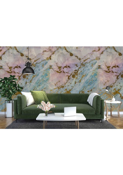 pembe Mavi Gold Art Deco Mermer Görünüm Özel Tasarım Duvar Kağı