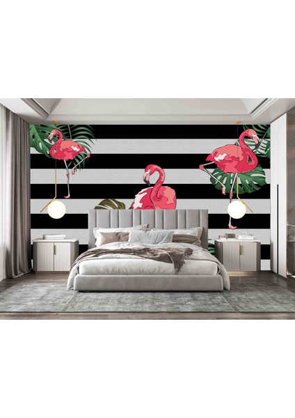 siyah Beyaz Zemin Palmiye Yaprağı Flamingo Desen Özel Tasarım Duvar Kağıdı