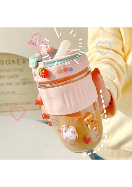 Shun Shop 500 ml. Dondurma Renkli Cam Şişe Sevimli Portatif Su Bardağı Saman (Yurt Dışından)