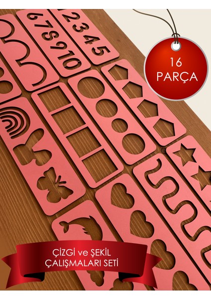 Çocuk Montessori - Pembe El Kası Geliştirme ve Çizgi, Sayı ve Şekil Çalışmaları Seti 16 Parça