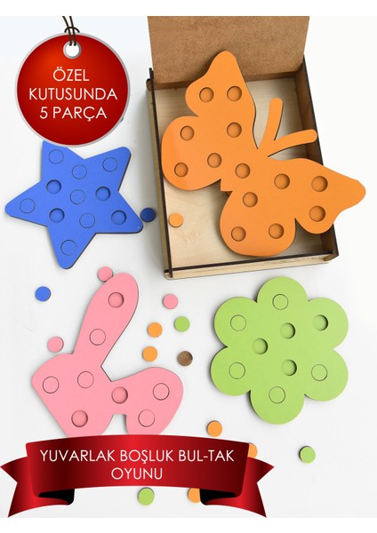 Çocuk Montessori - Özel Kutusunda Tavşan Kelebek Çiçek Yıldız Yuvarlak Bul-Tak Oyunu