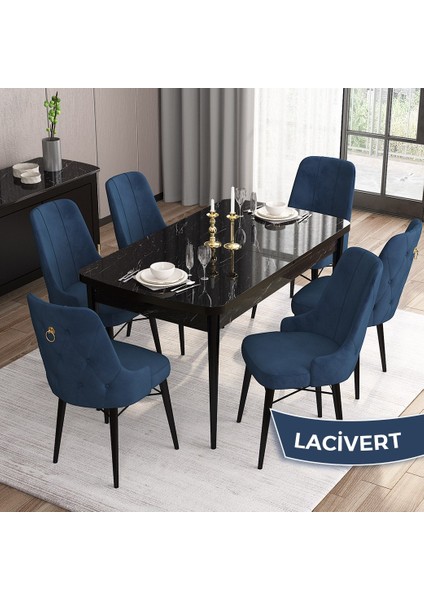 Concept Are Serisi Mdf 80X132 Açılabilir Siyah Mermer Desen Yemek Odası Takımı 6 Sandalye Gold Halkalı