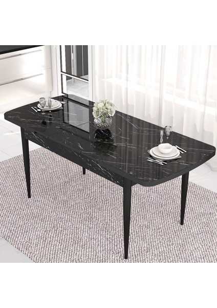 Concept Are Serisi Mdf 80X132 Açılabilir Siyah Mermer Desen Yemek Odası Takımı 6 Sandalye Gold Halkalı modelleri