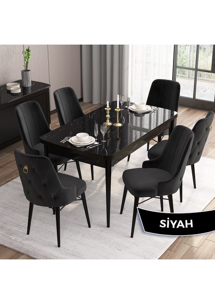 Concept Are Serisi Mdf 80X132 Açılabilir Siyah Mermer Desen Yemek Odası Takımı 6 Sandalye Gold Halkalı