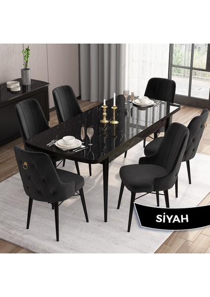 Concept Are Serisi Mdf 80X132 Açılabilir Siyah Mermer Desen Yemek Odası Takımı 6 Sandalye Gold Halkalı fiyatları