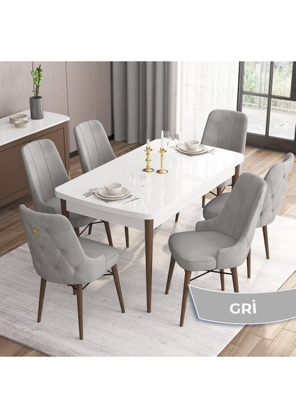 Concept Are Serisi Beyaz Masa Ceviz Ayak Mdf 80X132 Açılabilir Yemek Odası Takımı 6 Sandalye Gold Halkalı
