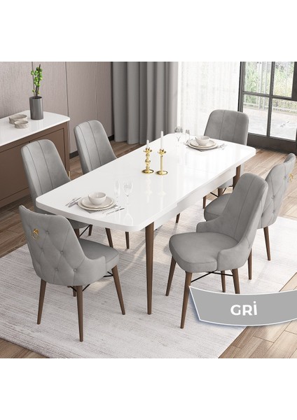 Concept Are Serisi Beyaz Masa Ceviz Ayak Mdf 80X132 Açılabilir Yemek Odası Takımı 6 Sandalye Gold Halkalı fiyatları