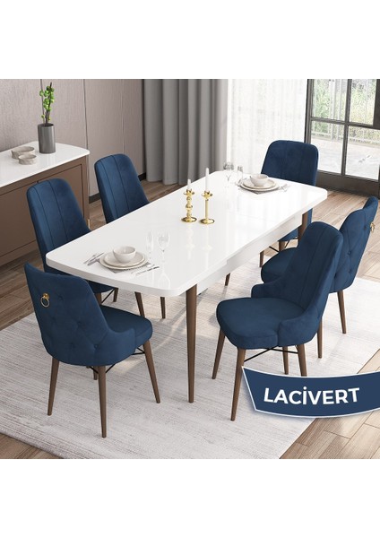 Concept Are Serisi Beyaz Masa Ceviz Ayak Mdf 80X132 Açılabilir Yemek Odası Takımı 6 Sandalye Gold Halkalı