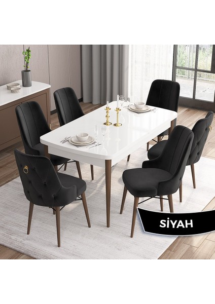 Concept Are Serisi Beyaz Masa Ceviz Ayak Mdf 80X132 Açılabilir Yemek Odası Takımı 6 Sandalye Gold Halkalı