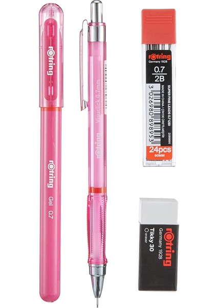 Visuclick Jel Okul Seti 0,7 Mm, Mekanik Kurşun Kalem, Uç ve Silgi Seti, Pembe