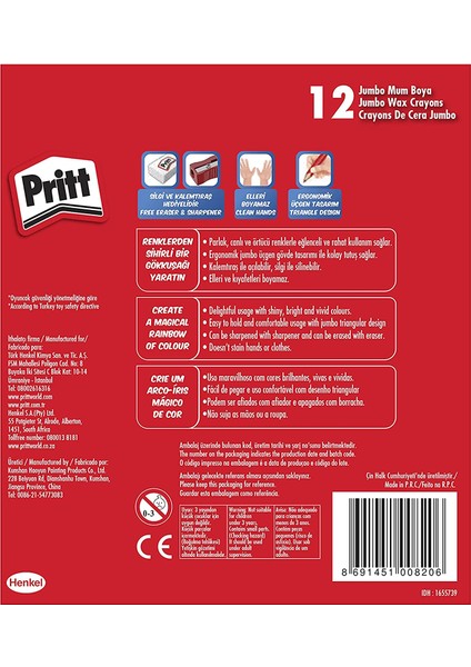 12'li Jumbo Üçgen Silinebilir Pastel Boya (Mum Boya) + Silgi ve Kalemtıraş Hediyeli