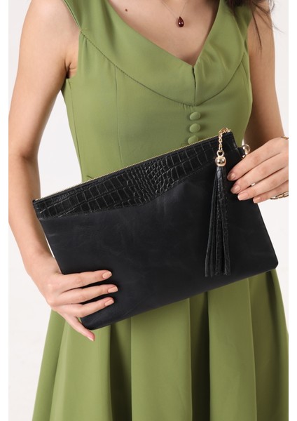 Pupıl Doolo Clutch Black Croco Tape