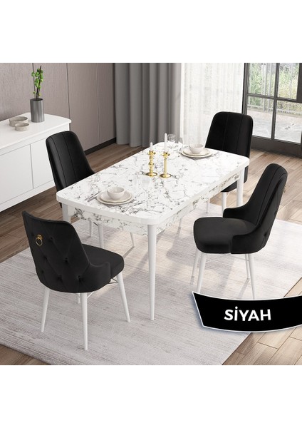 Concept Are Serisi, Mdf 80X132 Açılabilir Beyaz Mermer Desen Mutfak Masa Takımı, 4 Sandalye Gold Halkalı
