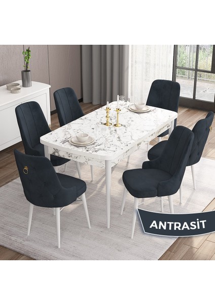 Concept Are Serisi, Mdf 80X132 Açılabilir Beyaz Mermer Desen Yemek Odası Takımı, 6 Sandalye Gold Halkalı