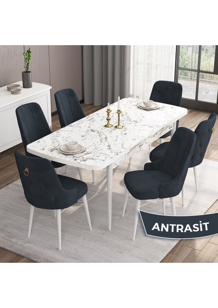 Concept Are Serisi, Mdf 80X132 Açılabilir Beyaz Mermer Desen Yemek Odası Takımı, 6 Sandalye Gold Halkalı fiyatları