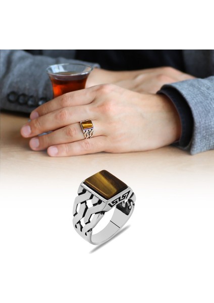 Zincir Tasarım Kaplan Gözü Taşlı 925 Ayar Gümüş Erkek Yüzük