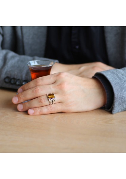 Zincir Tasarım Kaplan Gözü Taşlı 925 Ayar Gümüş Erkek Yüzük fiyatları