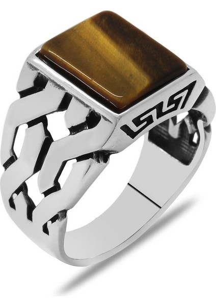 Zincir Tasarım Kaplan Gözü Taşlı 925 Ayar Gümüş Erkek Yüzük modelleri