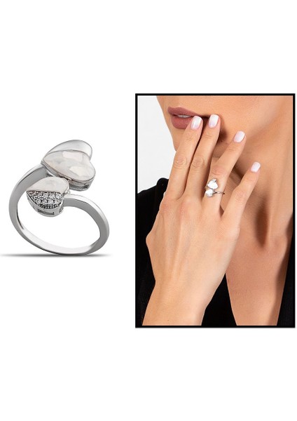 Sedef Taşlı Kalp Tasarım 925 Ayar Gümüş Kadın Yüzük