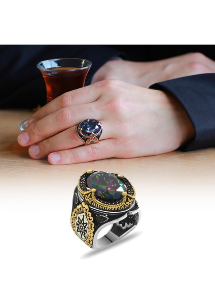 Faset Mistik Taşlı Kral Tacı Tasarım 925 Ayar Gümüş Erkek Yüzük