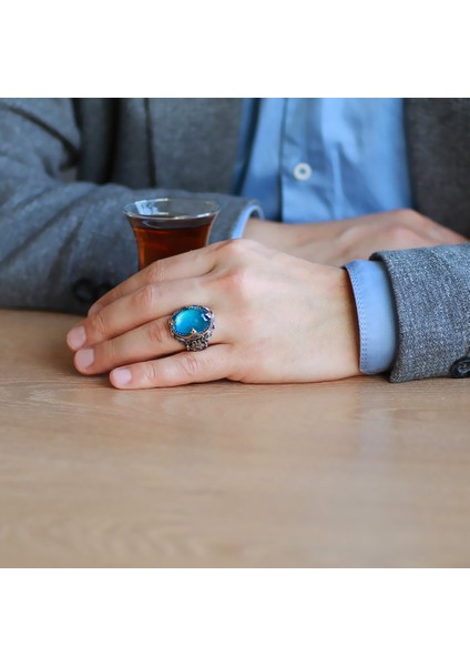 Faset Aqua Zirkon Taşlı Kral Tacı Tasarım 925 Ayar Gümüş Erkek Yüzük fiyatları