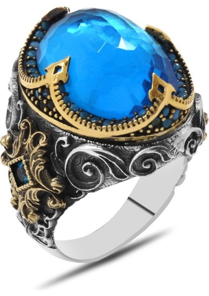 Faset Aqua Zirkon Taşlı Kral Tacı Tasarım 925 Ayar Gümüş Erkek Yüzük modelleri