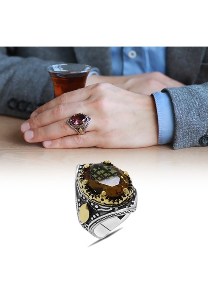 Oval Zultanit Taşlı Agresif Kasa Tasarımlı 925 Ayar Gümüş Erkek Yüzük