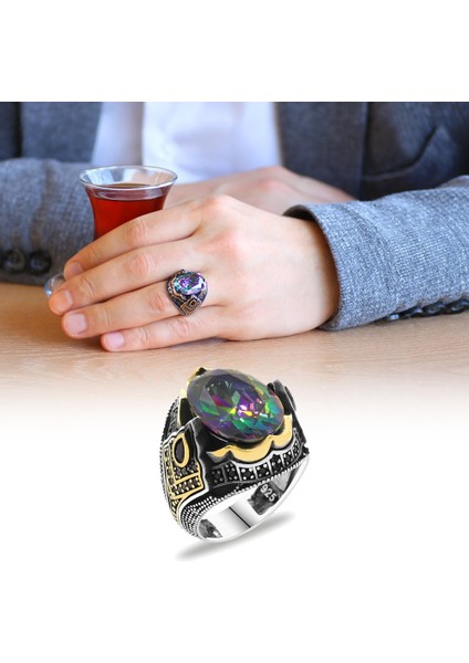 Faset Kesim Mistik Topaz Taşlı 925 Ayar Gümüş Erkek Yüzük