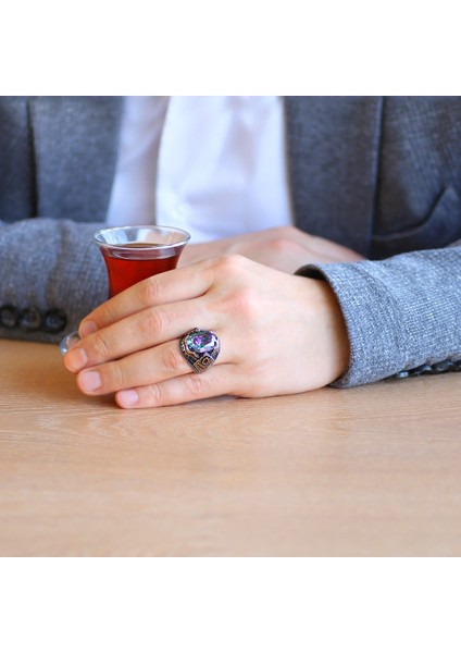Faset Kesim Mistik Topaz Taşlı 925 Ayar Gümüş Erkek Yüzük fiyatları
