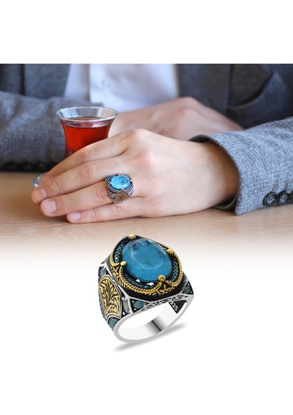 Aqua Paraiba Taşlı Kenarları Kalem Işçilik Detaylı 925 Ayar Gümüş Erkek Yüzük
