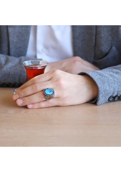 Aqua Paraiba Taşlı Kenarları Kalem Işçilik Detaylı 925 Ayar Gümüş Erkek Yüzük fiyatları