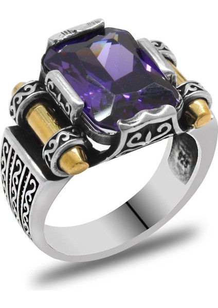 Mor Baget Taşlı Avangarde Tasarım 925 Ayar Gümüş Şah Cihan Yüzüğü modelleri