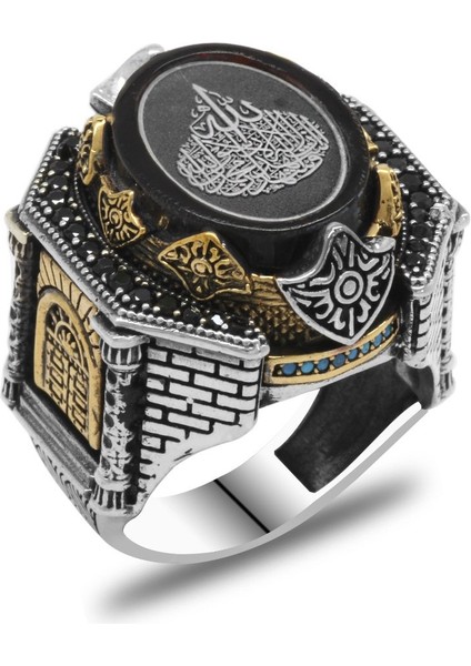 Siyah Sıkma Kehribar Üzerine Hüsn-I Hat Ayet-El Kürsi Yazılı Yanları Kale Tasarım 925 Ayar Gümüş Erkek Yüzük modelleri