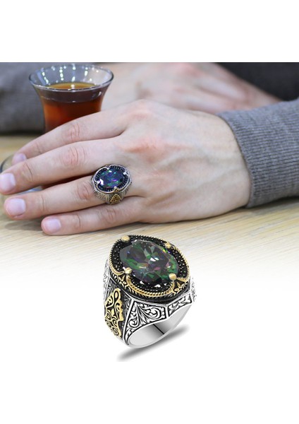 Faset Kesim Mistik Topaz Taşlı Yanları Gotik Süslemeli 925 Ayar Gümüş Erkek Yüzük
