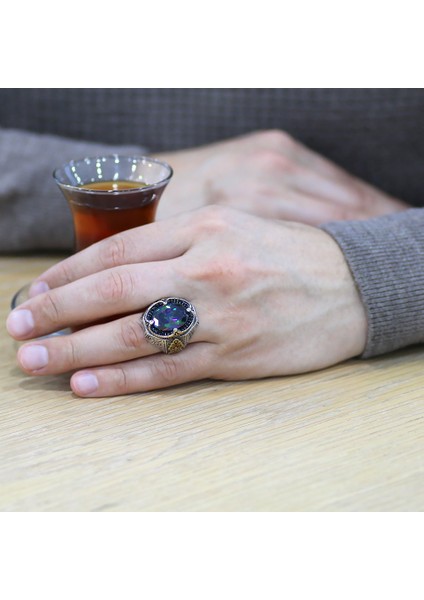 Faset Kesim Mistik Topaz Taşlı Yanları Gotik Süslemeli 925 Ayar Gümüş Erkek Yüzük fiyatları