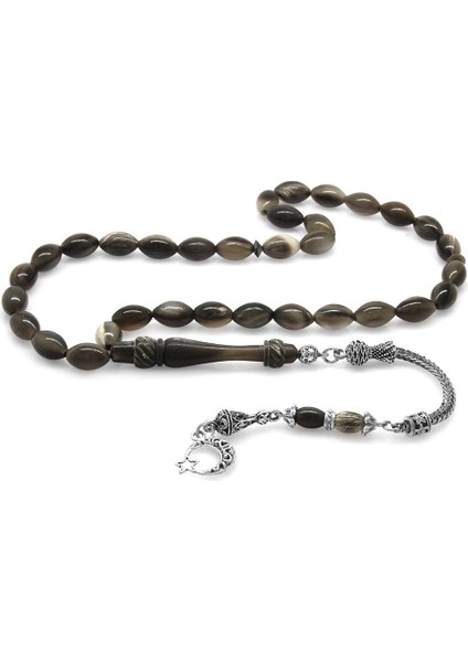 Kararmaz Metal Püsküllü Arpa Kesim Koyu Renk Bufalo Boynuzu Tesbih