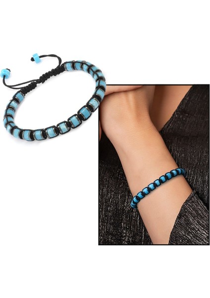 Silindir Kesim Makrome Örgülü Turkuaz Varisit-Hematit Kombinli Doğal Taş Kadın Bileklik