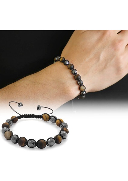 Makrome Örgülü Küre Kesim Mat Kaplangözü-Fasetalı Hematit Kombinli Doğaltaş Bileklik