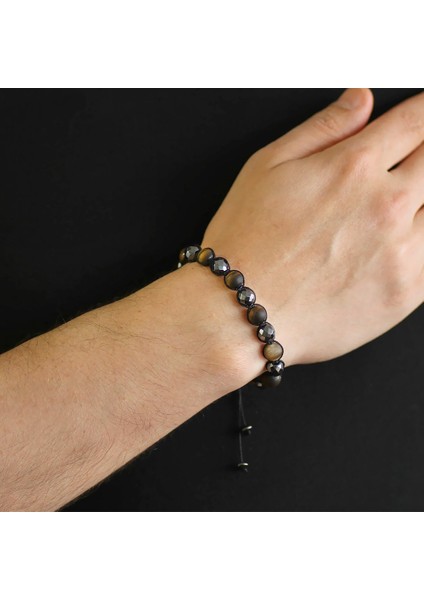 Makrome Örgülü Küre Kesim Mat Kaplangözü-Fasetalı Hematit Kombinli Doğaltaş Bileklik modelleri