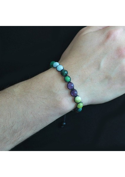 Makrome Örgülü Küre Kesim Çoklu Doğaltaş Kombinli Erkek Şifa Bilekliği modelleri