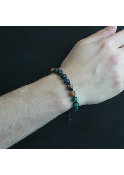 Makrome Örgülü Küre Kesim Çoklu Kaplangözü Doğaltaş Kombinli Erkek Enerji Bilekliği modelleri