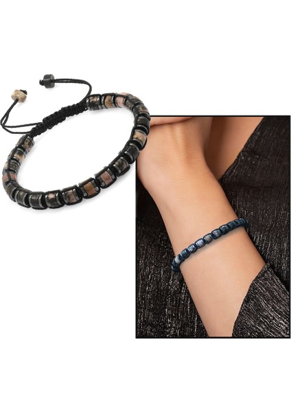 Silindir Kesim Makrome Örgülü Kuvars-Hematit Kombinli Doğal Taş Kadın Bileklik