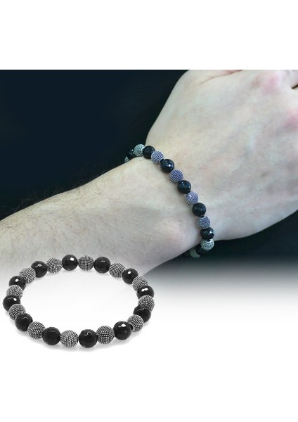 Fasetalı Oniks Metal Kombinli Küre Kesim Doğaltaş Bileklik