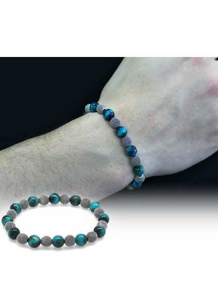 Turkuaz Kaplangözü Metal Kombinli Küre Kesim Doğaltaş Bileklik